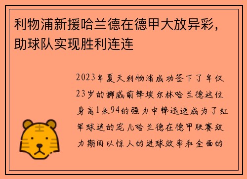 利物浦新援哈兰德在德甲大放异彩，助球队实现胜利连连